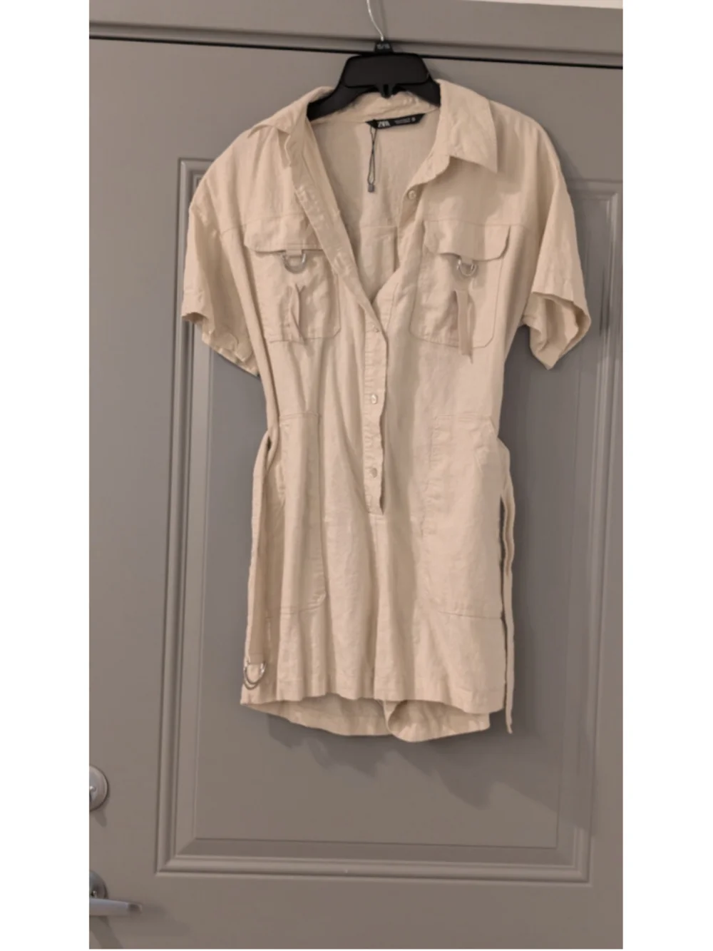 Zara Beige Linen Blend Utility Romper Belted Safari Style Women's Size Small